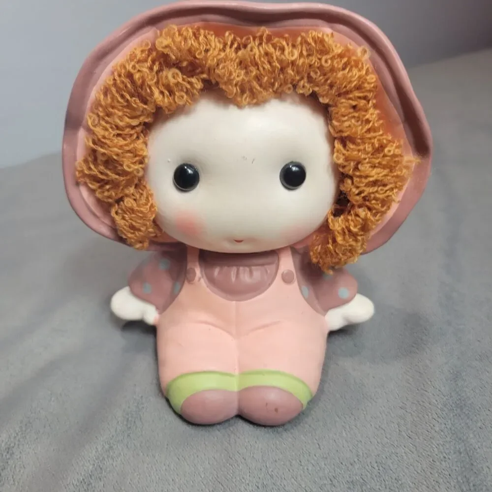Vintage Ceramic Rag Doll Coin Bank Pink Green Brown Curly Haired Girl Collection